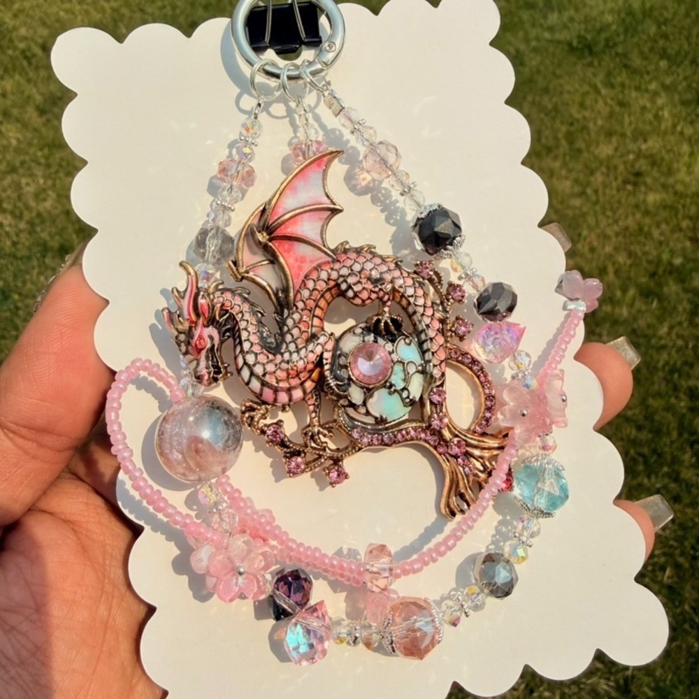 Dragon Pink Beaded Phone Wristlet Charm Keychain Glow in Dark Crystal Handmade